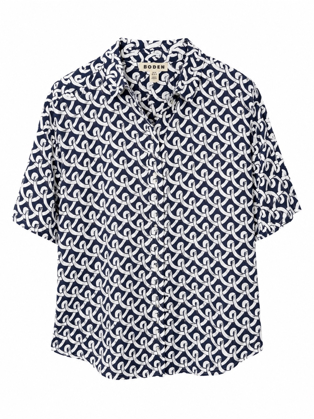 Boden Navy Chain Print 100% Linen Button Up Coastal Grandma Shirt- Sz XL
